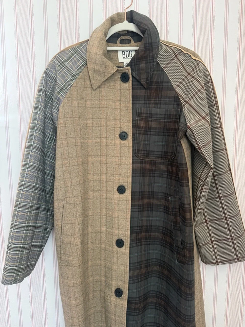 BDG Patchwork Plaid Long Sleeve Coat Dress in Brown and Gray Tones - Picture 3 of 4